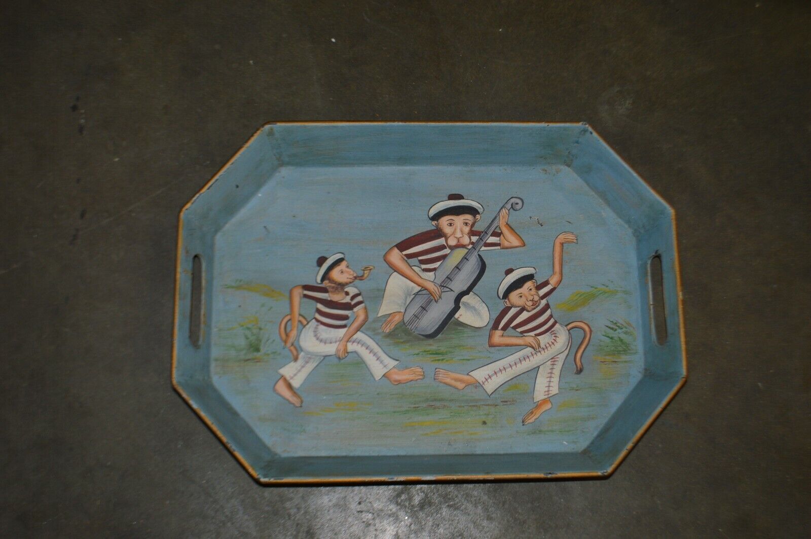 small Hand Painted metal serving tray , three monkeys - Northside Material Brokers