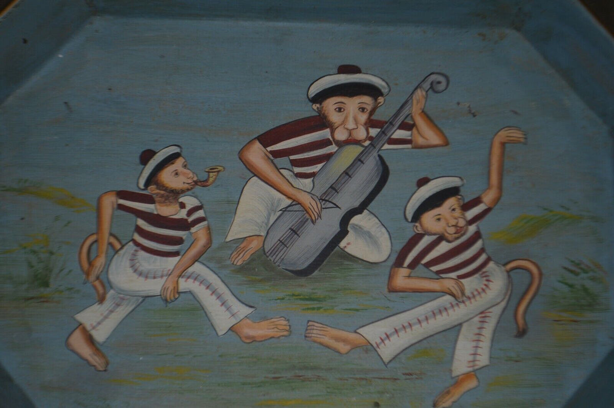 small Hand Painted metal serving tray , three monkeys - Northside Material Brokers