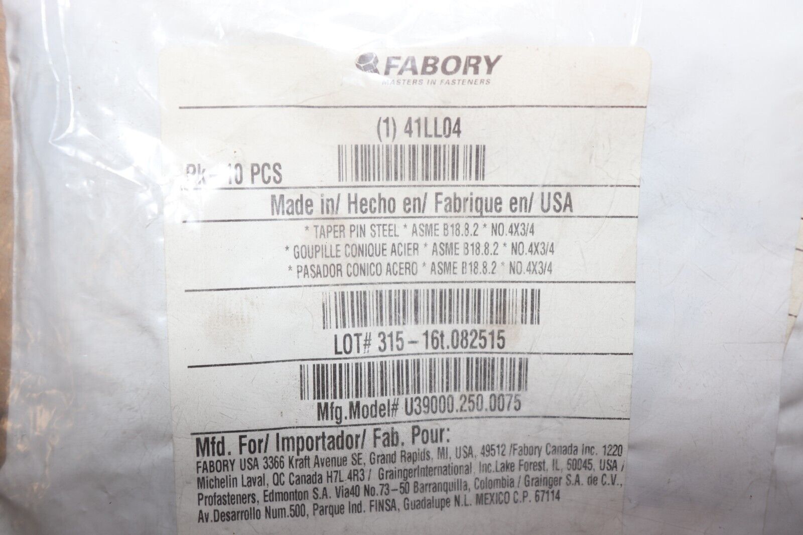 Taper Pin: Steel, Plain, 3/4 in Fastener Lg, 10 PK - Northside Material Brokers
