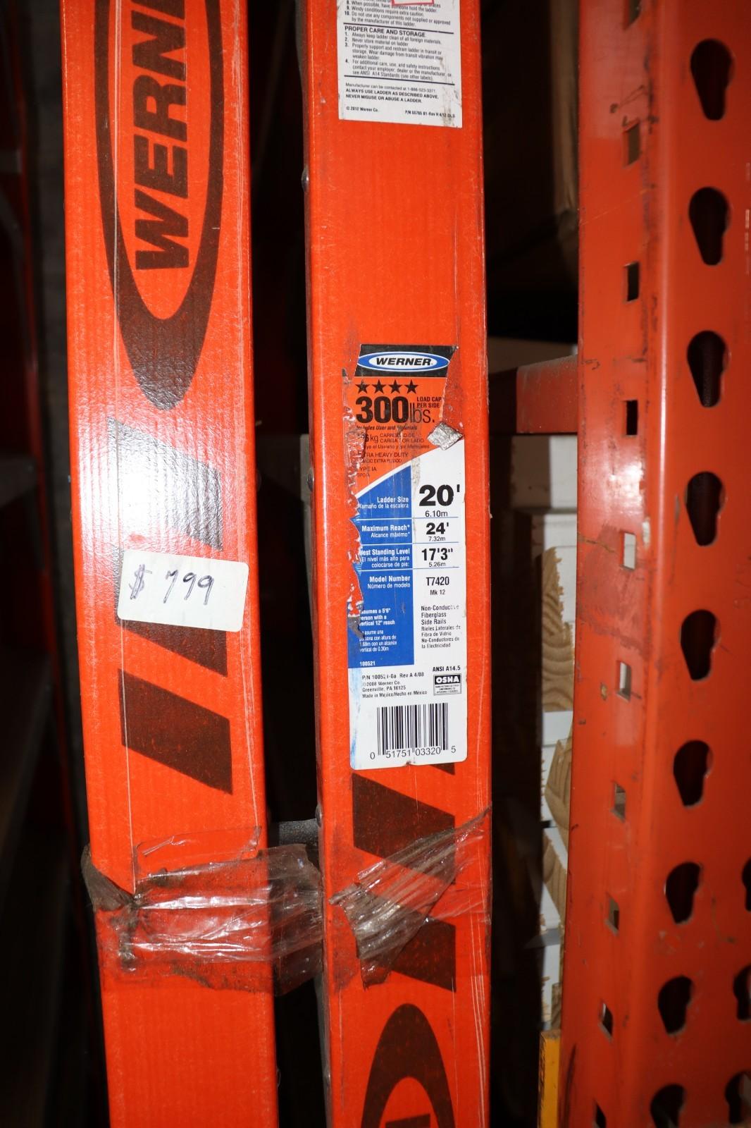 Warner T 7420 20 ft. Fiberglass Twin Stepladder, 300 Lbs, Used, 23.9 ft Reach - Northside Material Brokers