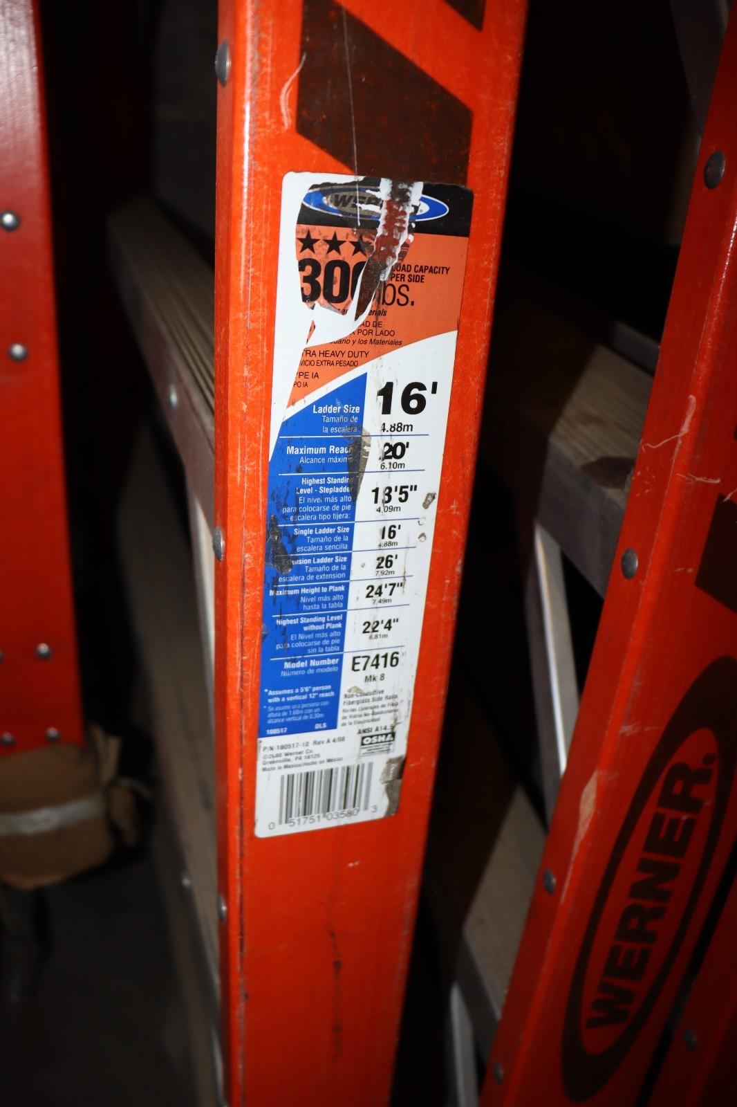 Werner E7416 16 ft Fiberglass Extension Trestle Step Ladder 300 lb., 20 Ft Reach, Used - Northside Material Brokers