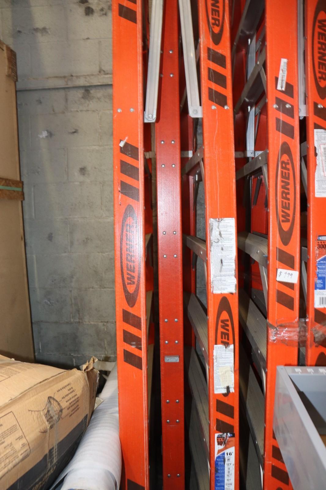 Werner E7416 16 ft Fiberglass Extension Trestle Step Ladder 300 lb., 20 Ft Reach, Used - Northside Material Brokers
