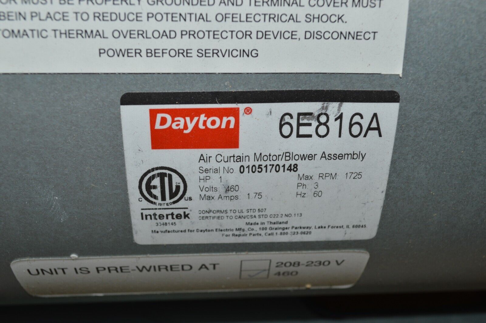 Air Curtain Blower Assembly Dayton 5 ft Max 1 hp Motor HP 6E618A