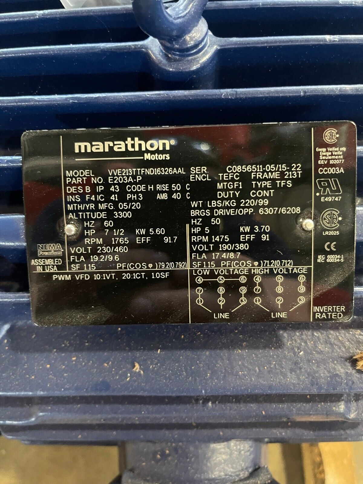 Marathon Electric Motor 7.5 HP, 1765RPM, TEFC, 3 PH, 230/460V, 213T, E