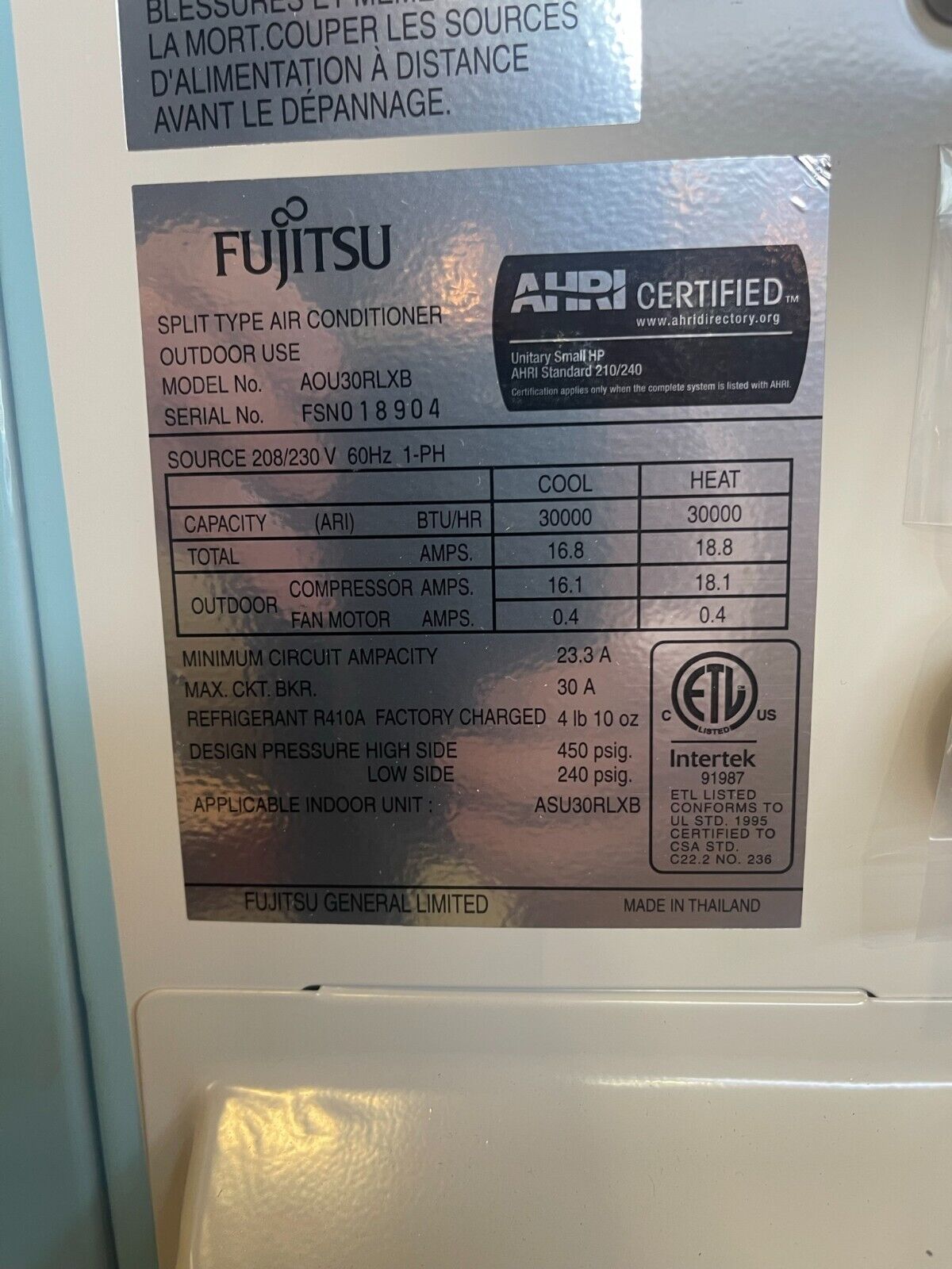Mini Split Heat Pump Outdoor Fujitsu Halcyon AOU30RLXB  410A 2.5 Ton NO BOX