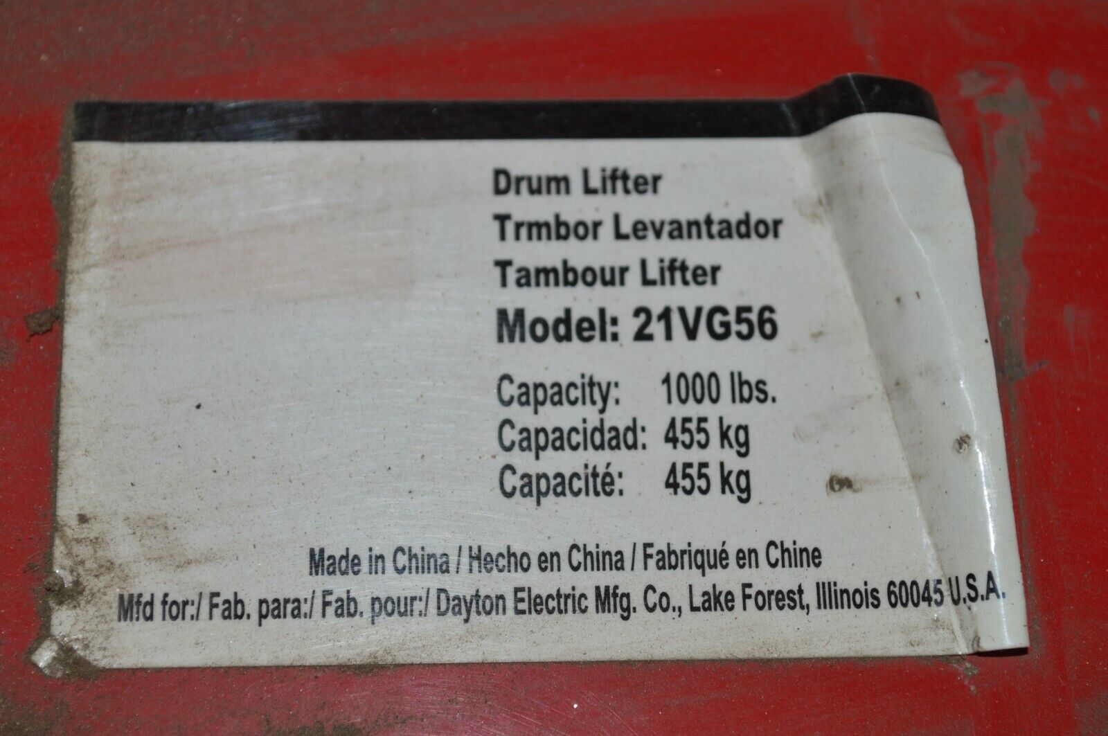 Barrell Drum Lifter 1000 lbs. Capacity DAYTON 21VG56