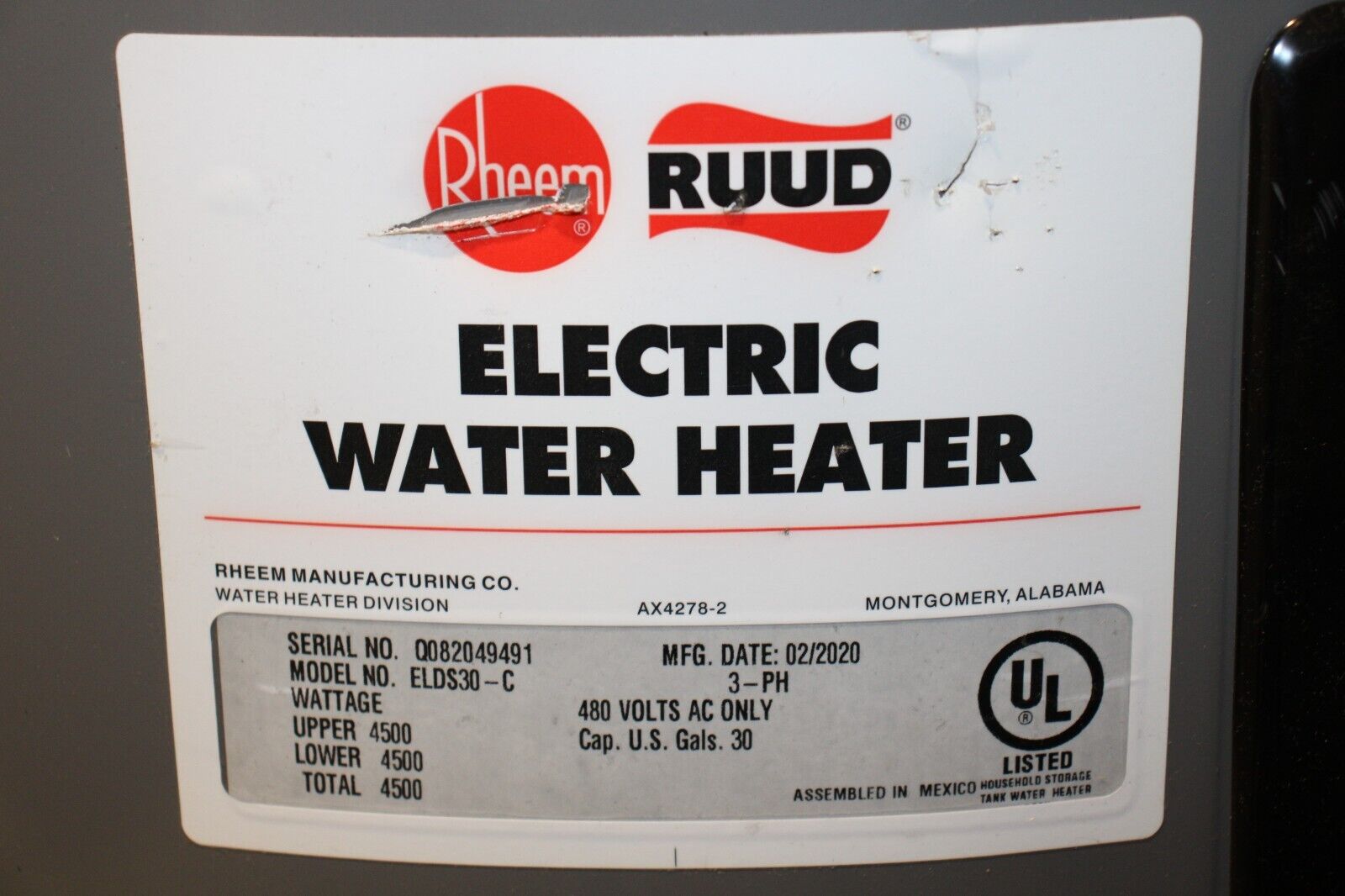 Commercial Water Heater 30 Gallon 3 Phase 480 Volt Rheem ELDS-30