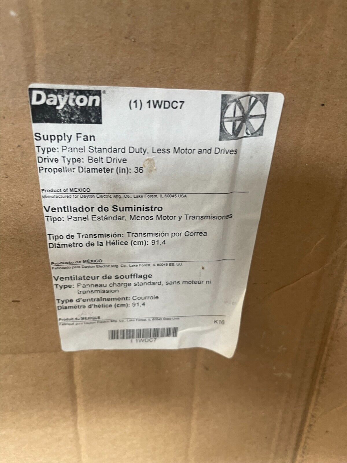 Supply Fan 36 Inch Unassembled Less Motor DAYTON 1WDC7