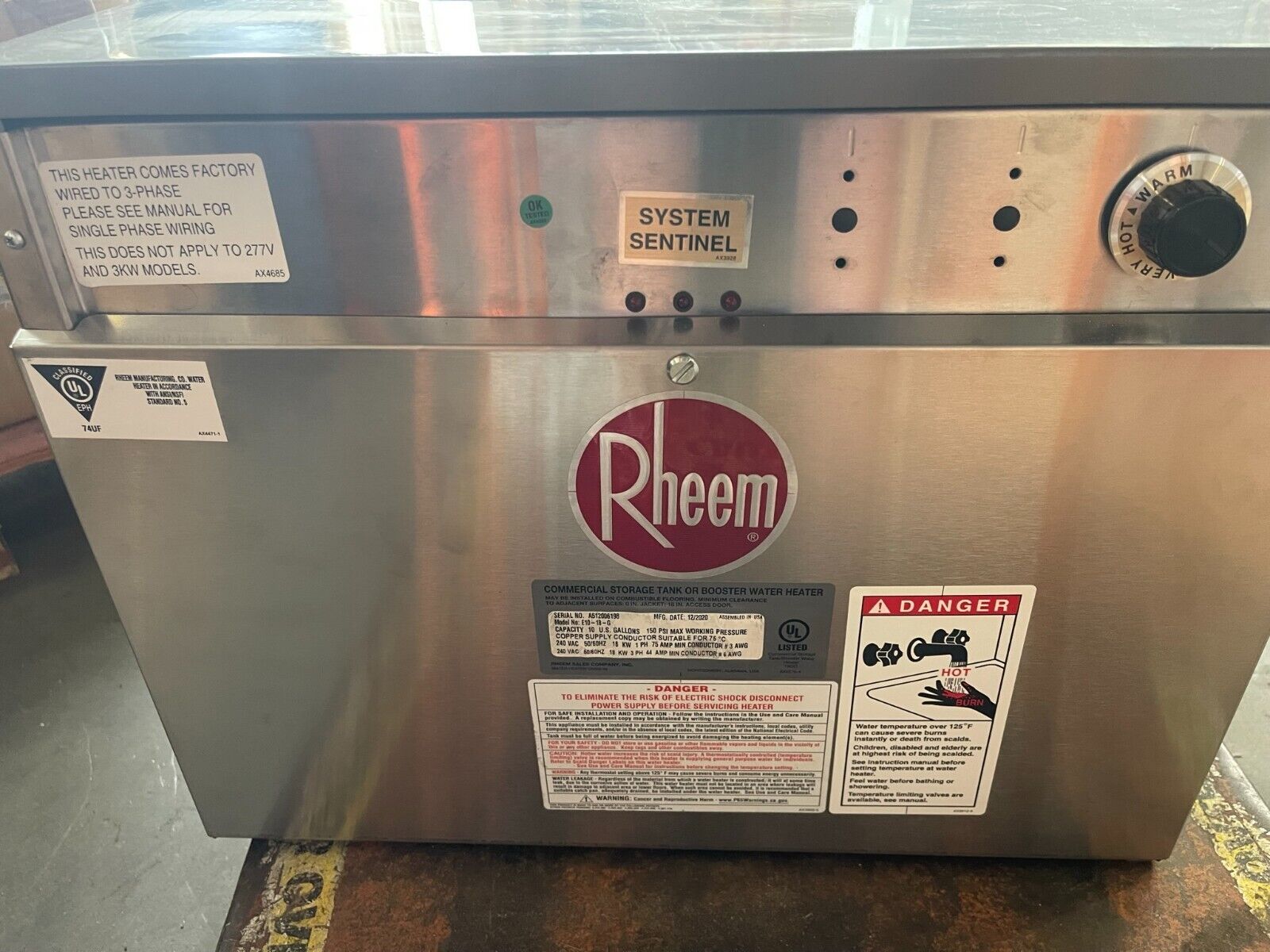 Commercial Electric Water Heater, 240V Rheem-Ruud E10-18-G 10 Gal.,