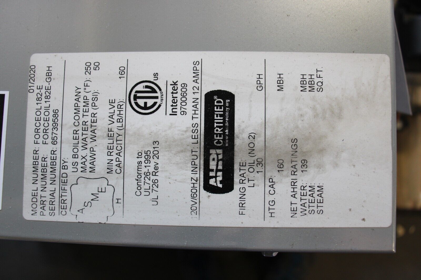 Boiler 160,000 BTU RESIDENTIAL OIL FORCEOIL 182-E WATER HEATER