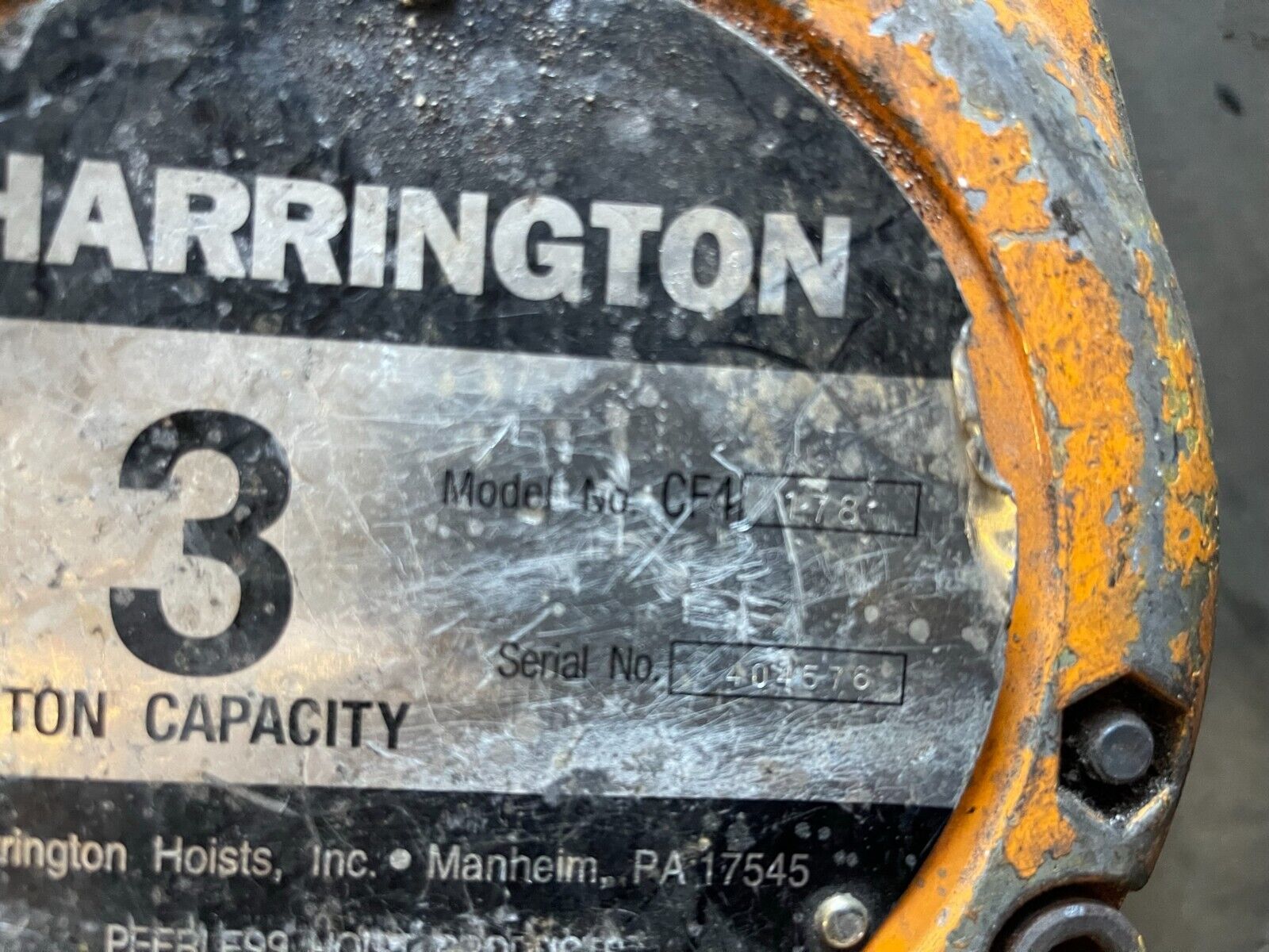 Manual Chain Hoist Harrington CF4 3 ton, 15 foot Lift Used Fair Condition - Northside Material Brokers