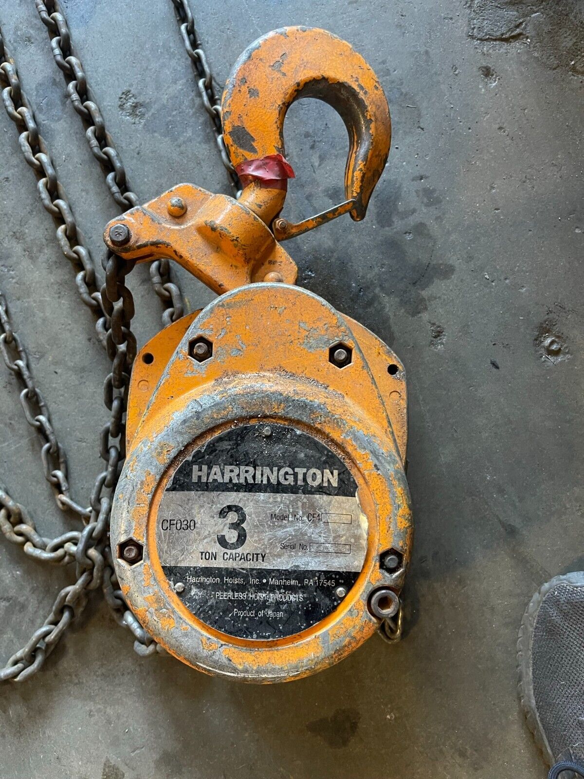 Manual Chain Hoist Harrington CF4 3 ton, 15 foot Lift Used Fair Condition - Northside Material Brokers