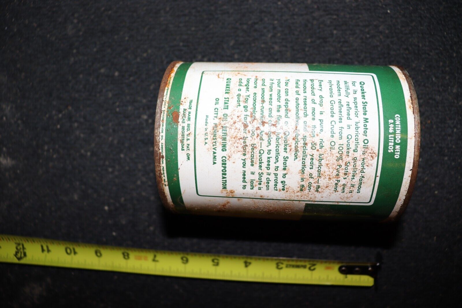 Quaker State Motor Oil Tin Litho 1 Quart Can full Label worn Vintage