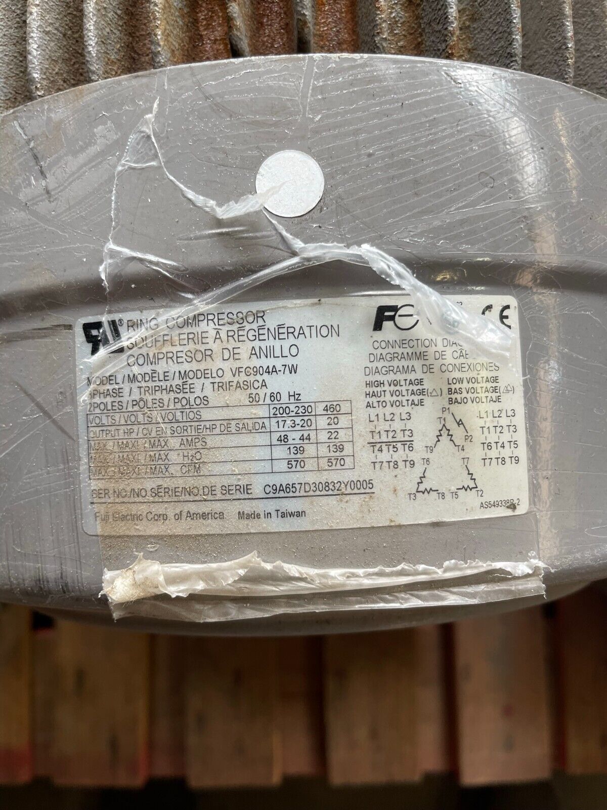 Regenerative Blower 230/460V 3PH 50/60Hz Fuji Electric VFC904A - Northside Material Brokers