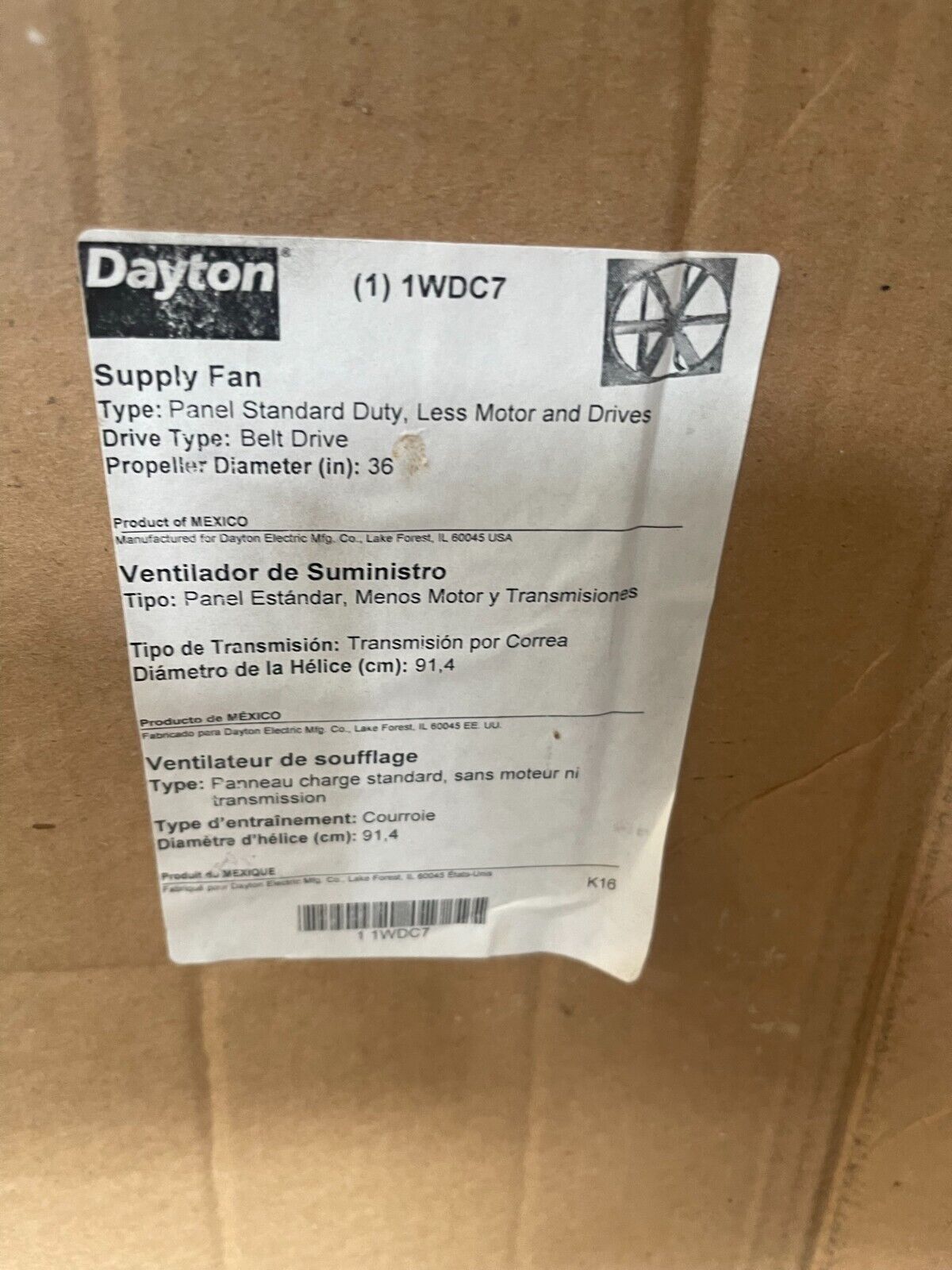 Supply Fan 36 Inch Unassembled Less Motor DAYTON 1WDC7 - Northside Material Brokers